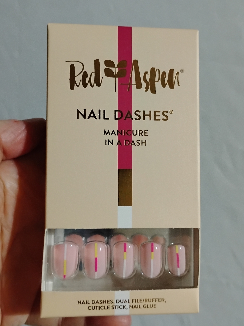 Red Aspen Nail Dashes Press-On Nails Pink with Yellow & Magenta Stripes